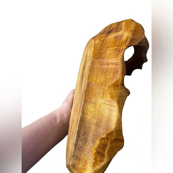 Handmade vintage wood leaf large bowl with handle - Picture 6 of 11